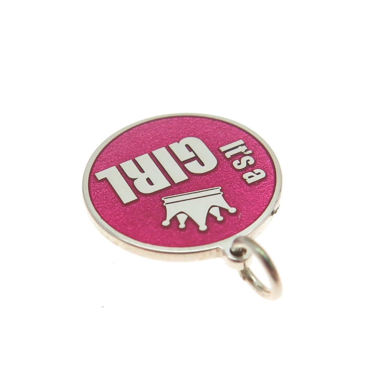 925 Sterling Silver Pink Enamel "It's a Girl" Round Tag Minimalist Charm Pendant