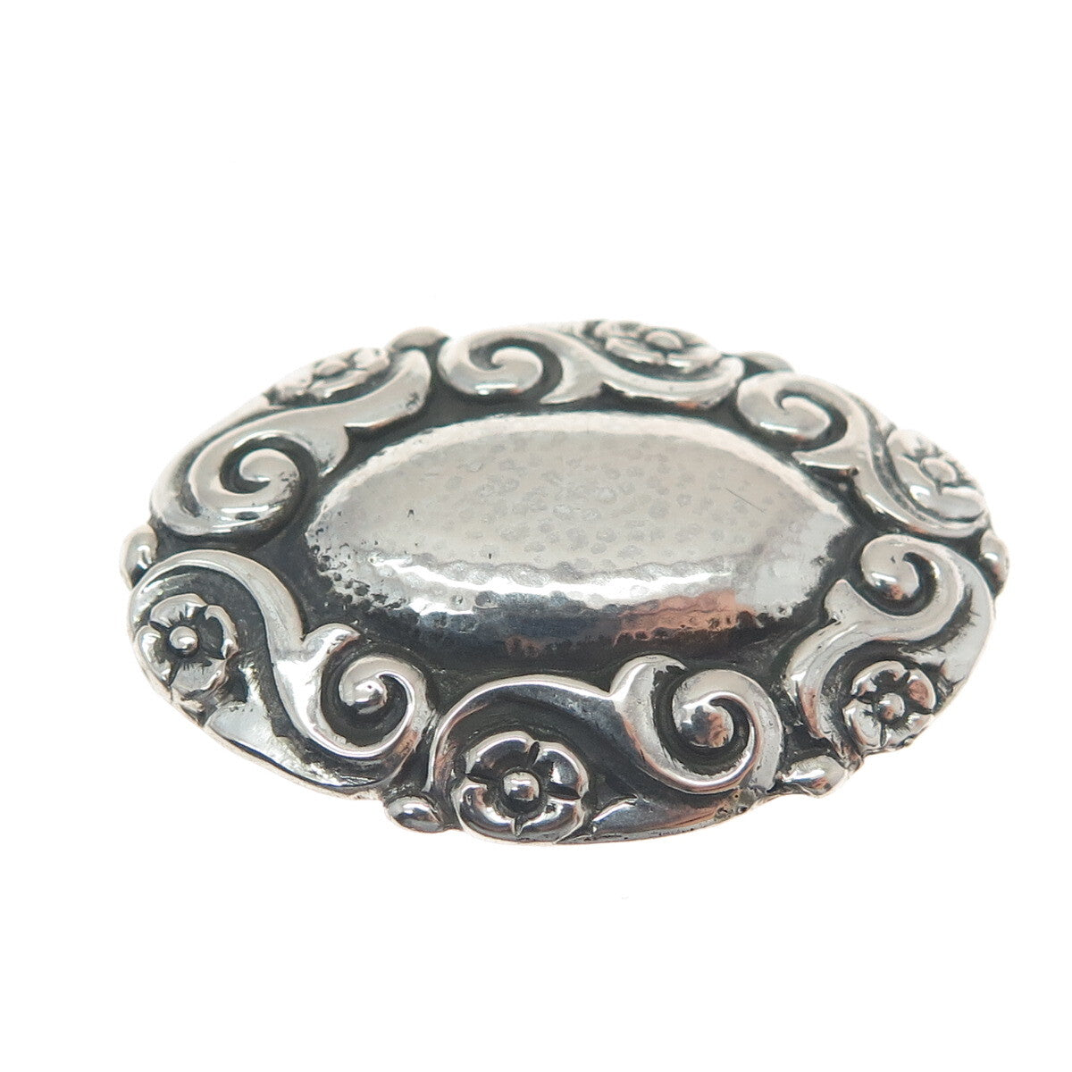 800 Silver Antique Art Deco Forget Me Knot Flower Oxidized Pin Brooch