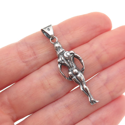 925 Sterling Silver Vintage European Female Bodybuilder Oxidized Charm Pendant
