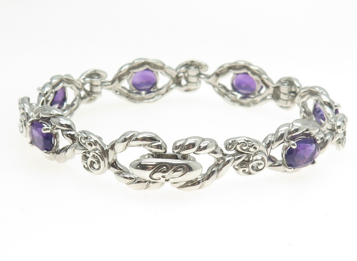 CAROLYN POLLACK 925 Sterling Silver Vintage Real Amethyst Roped Bracelet 7"