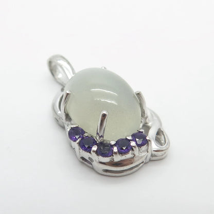 925 Sterling Silver Vintage Real Fiber Optic Cat's Eye & Amethyst Gem Pendant