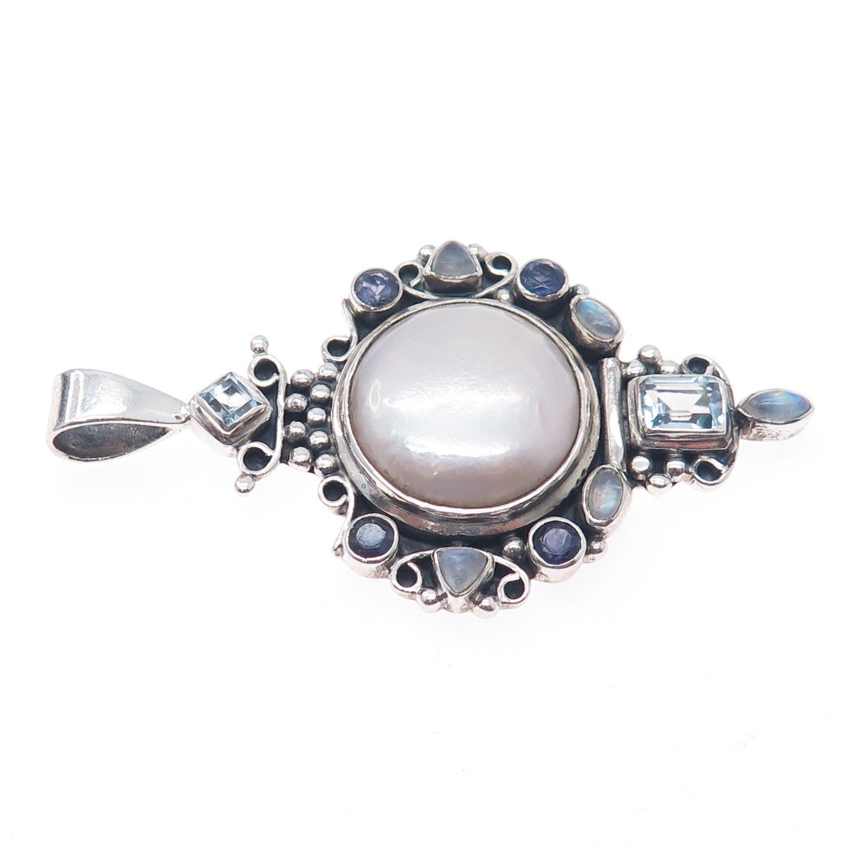925 Sterling Silver Vintage Real Pearl Moonstone Iolite & Blue Topaz Pendant