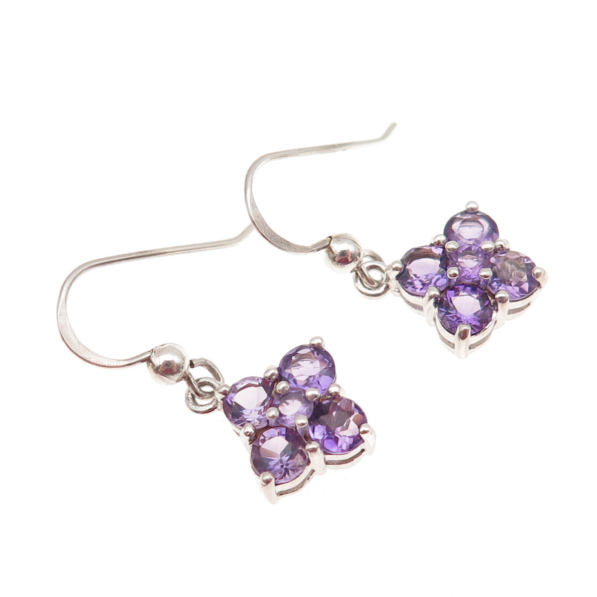 925 Sterling Silver Real Round-Cut Amethyst Floral Dangle Earrings
