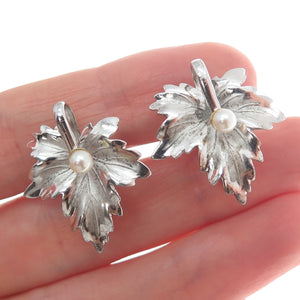 CARL ART 925 Sterling Silver Antique Real Pearl Leaf Screw Back Earrings