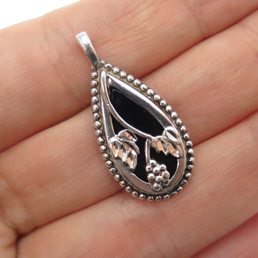 CAROLYN POLLACK 925 Sterling Silver Vintage Real Black Onyx Floral Charm Pendant