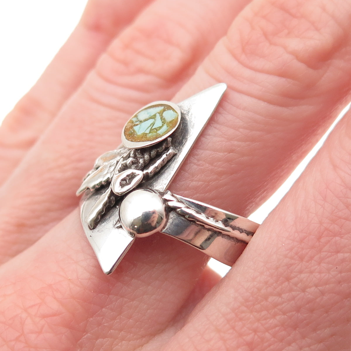 Old Pawn 925 Sterling Silver Vintage Southwestern Turquoise Inlay Ring Size 8.5
