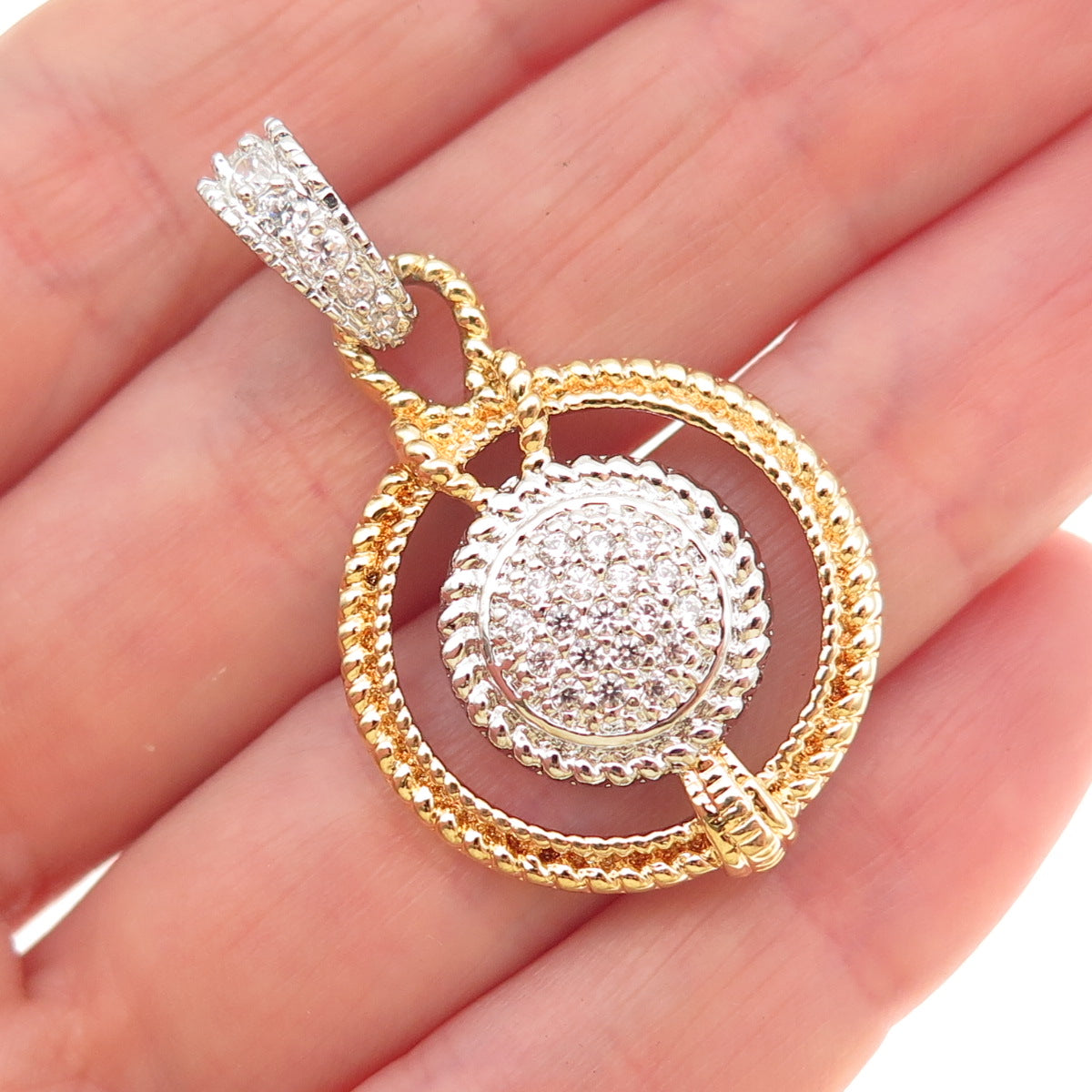 925 Sterling Silver 2-Tone Round-Cut C Z Charm Pendant
