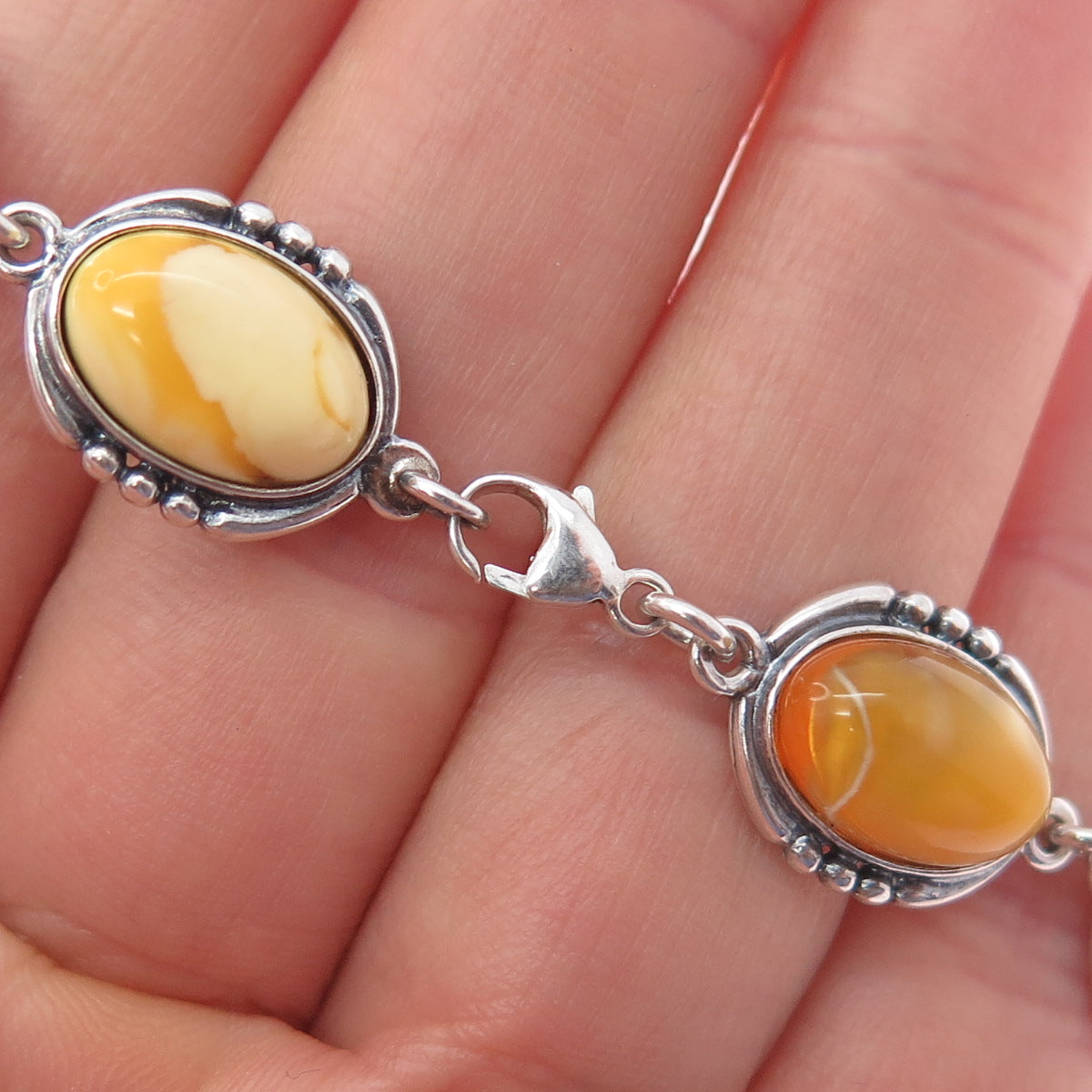 925 Sterling Vintage Real Scottish Egg Yolk Amber Modernist Bracelet 7.25"