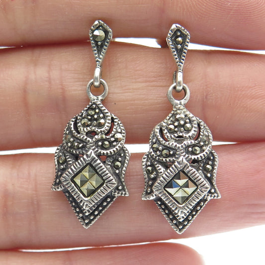 925 Sterling Silver Vintage Real Marcasite Gemstone Ethnic Dangle Earrings