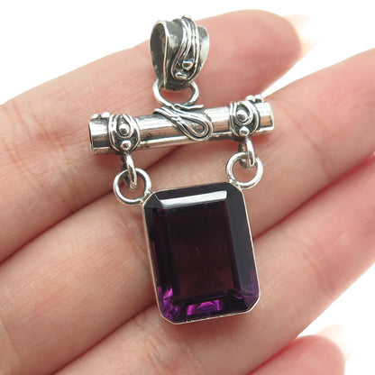 925 Sterling Silver Vintage Real Amethyst Gemstone Modernist Pendant