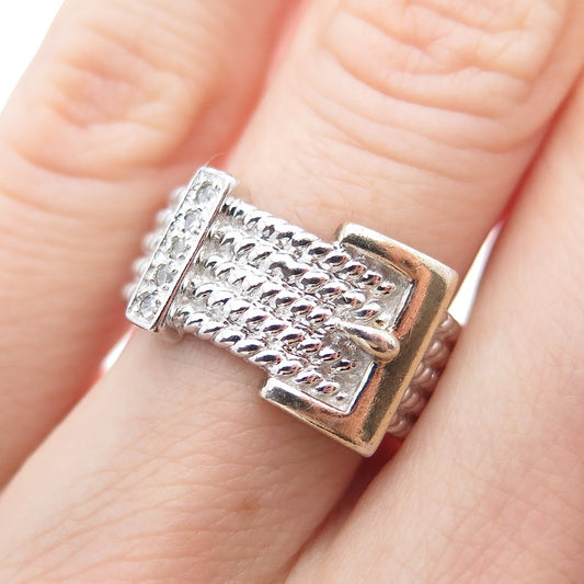 925 Sterling Silver 2-Tone Vintage Real Diamond Belt Buckle Band Ring Size 6