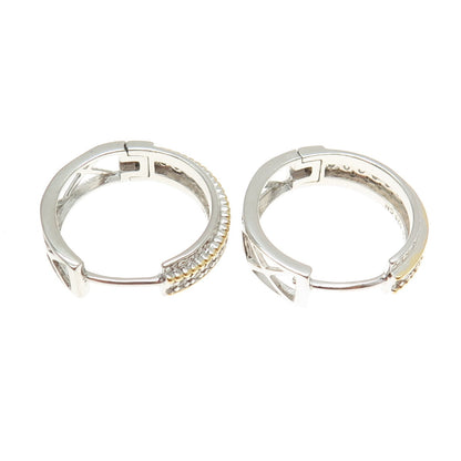 925 Sterling Silver 2-Tone Round-Cut Shaped C Z Huggie Earrings