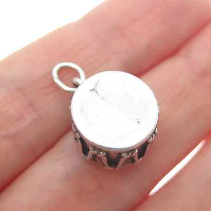 925 Sterling Silver Vintage Drum Oxidized Minimalist 3D Charm Pendant