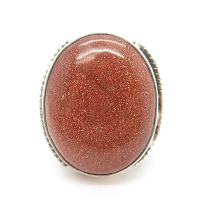 925 Sterling Silver Antique Art Deco Real Goldstone Gem Ring Size 7.75