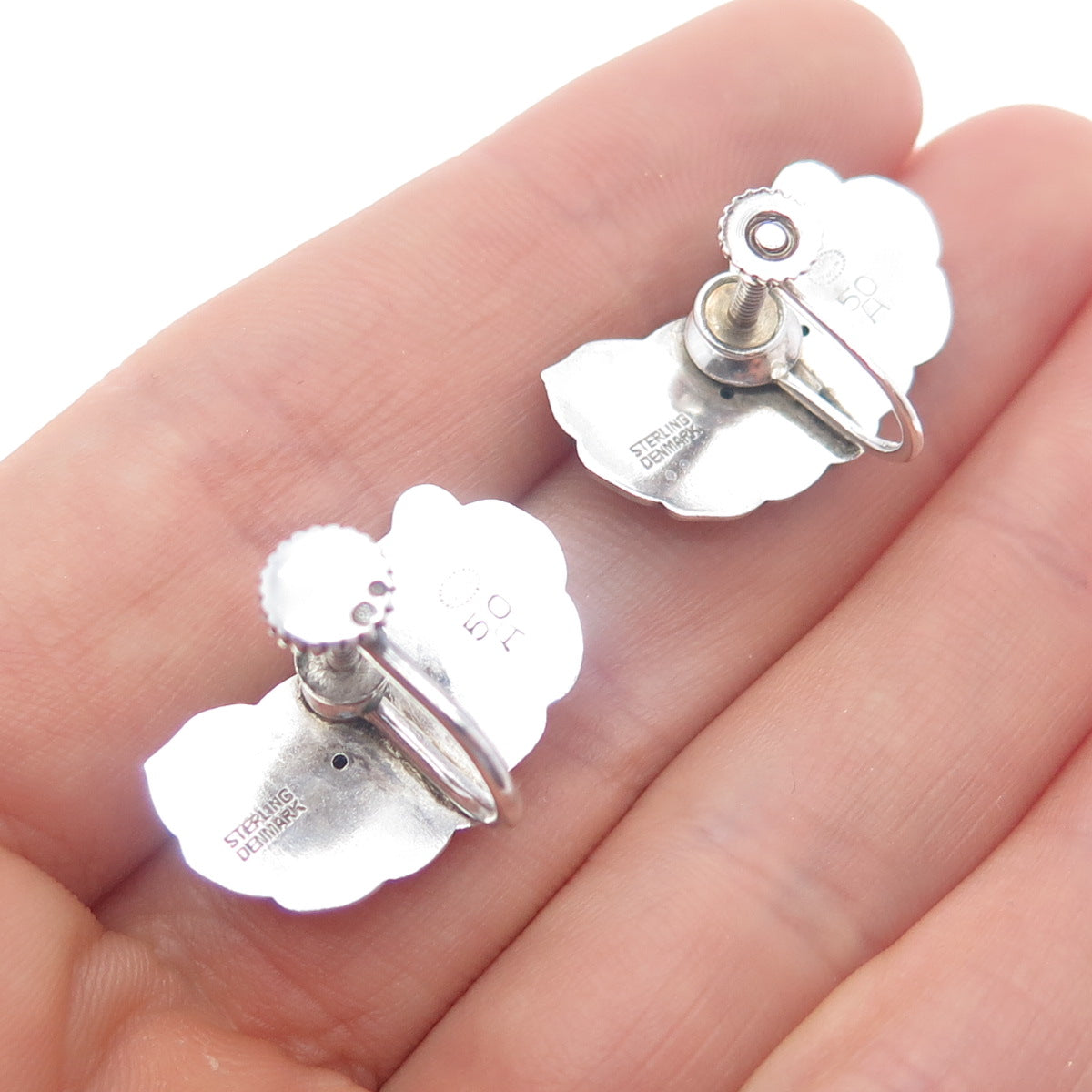 GEORG JENSEN 925 Sterling Silver Vintage Denmark Floral Screw Back Earrings #50A