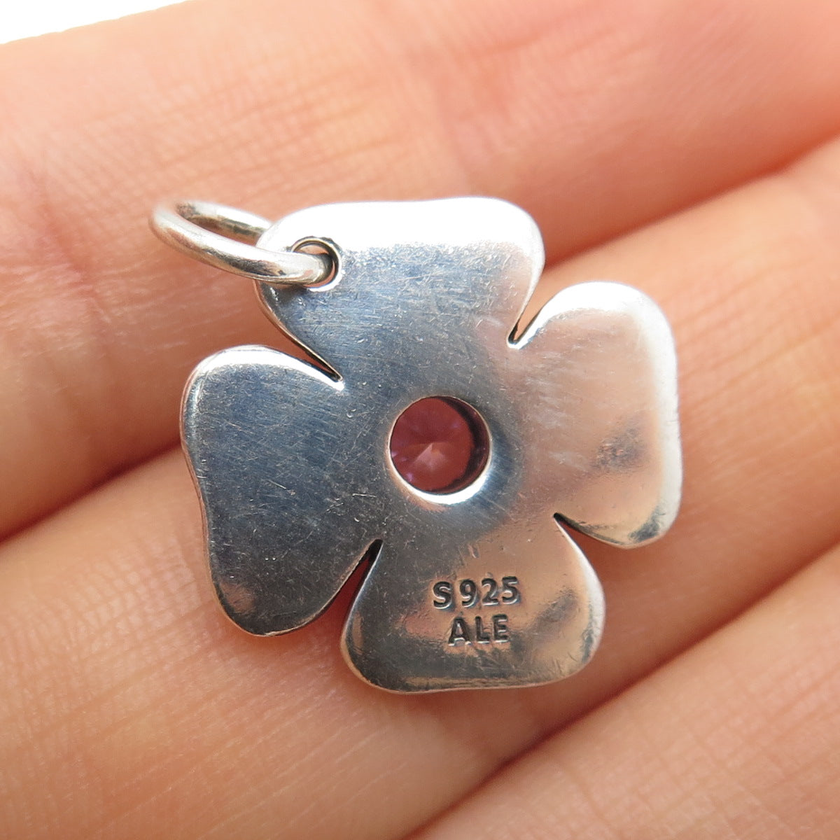 PANDORA 925 Sterling Silver Round-Cut Pink C Z Flower Charm Pendant