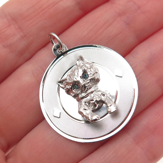 925 Sterling Silver Vintage Blue Rhinestone Kitty Cat Charm Pendant