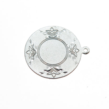 925 Sterling Silver Vintage Engraved Floral Round Tag Charm Pendant