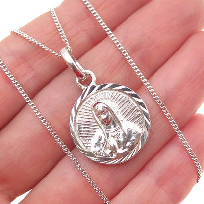 925 Sterling Silver Vintage Mexico St. Mary Pendant Cuban Chain Necklace 18"