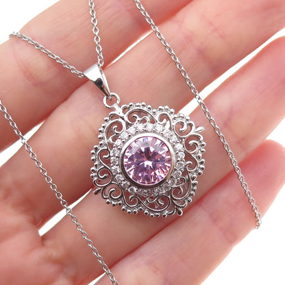 925 Sterling Silver Round-Cut Pink & White C Z Floral Cable Chain Necklace 18"