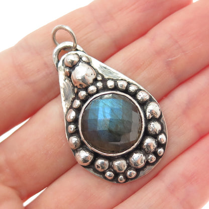 925 Sterling Silver Vintage Real Labradorite Modernist Beaded Oxidized Pendant