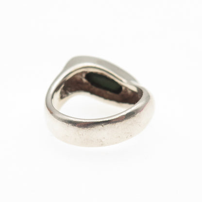 925 Sterling Silver Vintage Real Malachite Modernist Wavy Ring Size 6