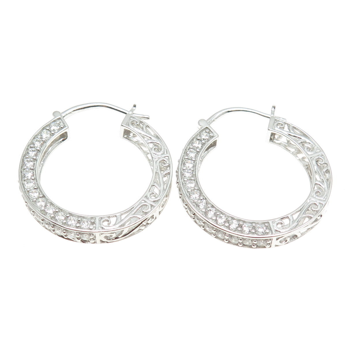 925 Sterling Silver Round-Cut C Z Ornate Hoop Earrings
