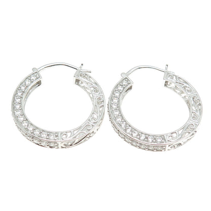 925 Sterling Silver Round-Cut C Z Ornate Hoop Earrings