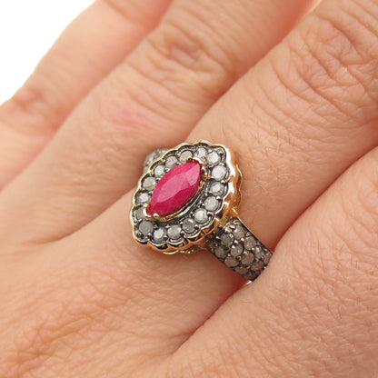 925 Sterling Silver Gold Plated Real Round-Cut Diamond & Ruby Ring Size 7.25