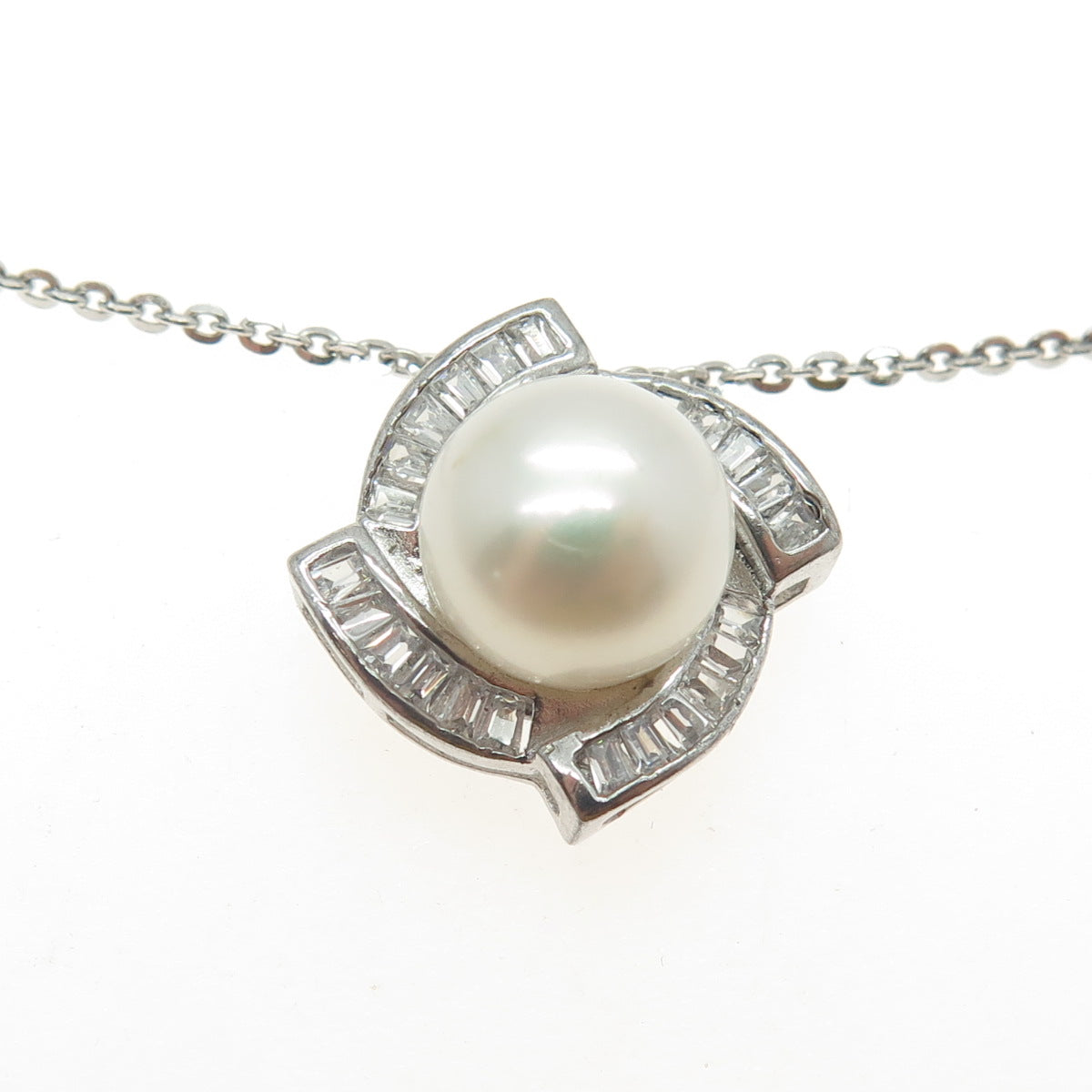 925 Sterling Silver Real Pearl & Baguette-Cut C Z Cable Chain Necklace 16"