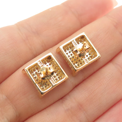925 Sterling Silver Gold Plated Round-Cut C Z Square Stud Earrings