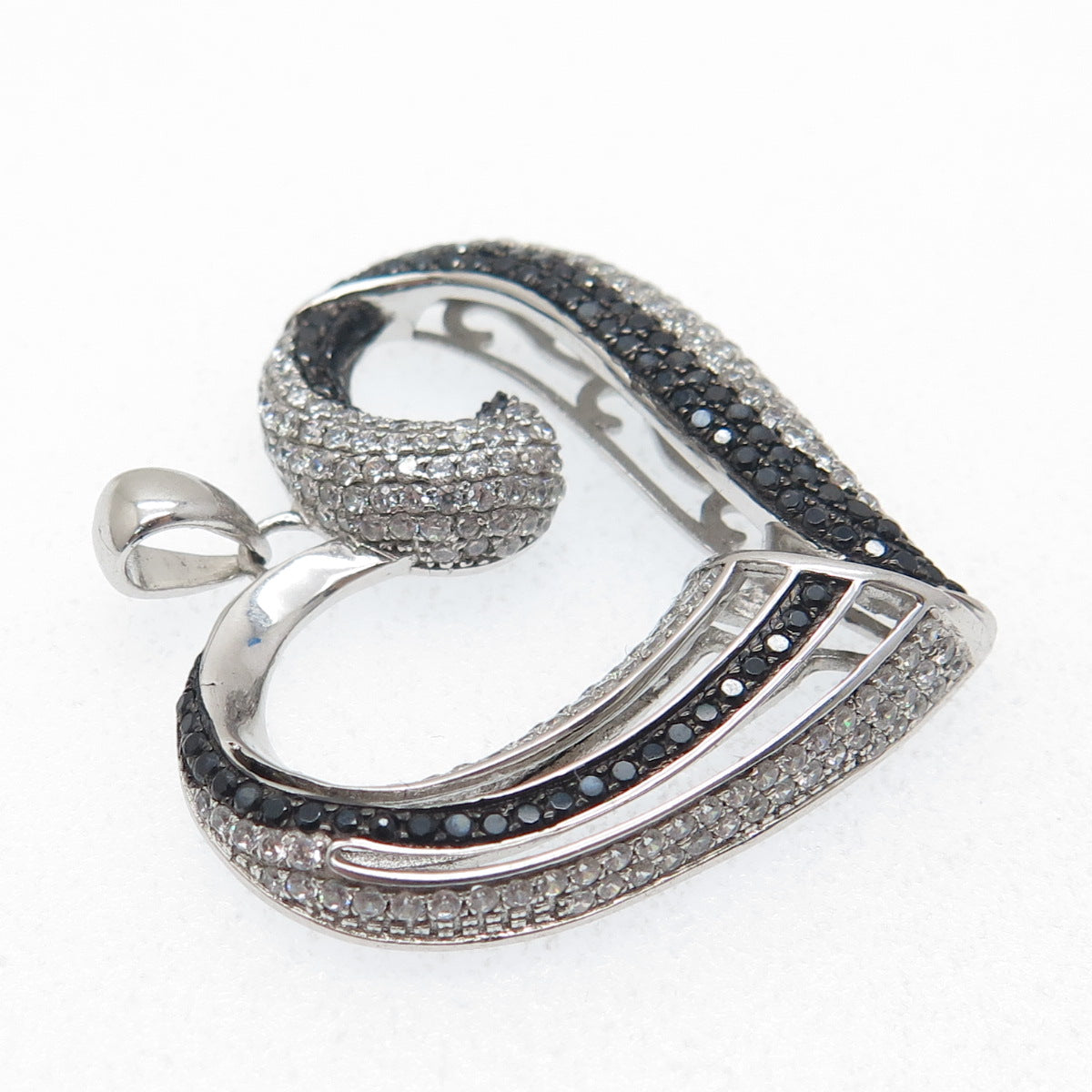 925 Sterling Silver Real Round-Cut Black Spinel & C Z Heart Pendant