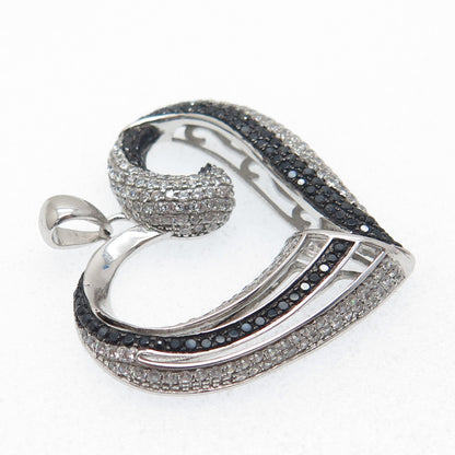 925 Sterling Silver Real Round-Cut Black Spinel & C Z Heart Pendant