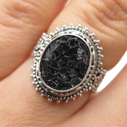 SAMUEL BENHAM Sterling Silver Vintage Real Diamond Inlay Granulated Ring Size 6