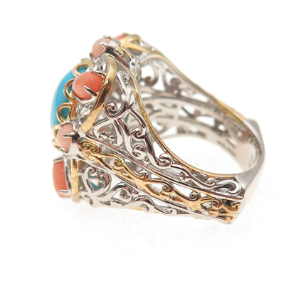 Michael Valitutti Gems En Vogue 925 Sterling Turquoise & Coral Ring Size 8.25