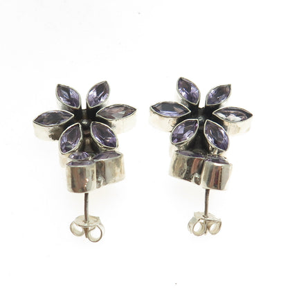 925 Sterling Silver Vintage Real Marquise & Round-Cut Amethyst Floral Earrings