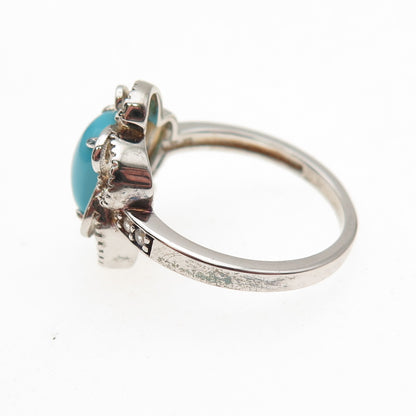 925 Sterling Real Sleeping Beauty Turquoise & White Topaz Floral Ring Size 8