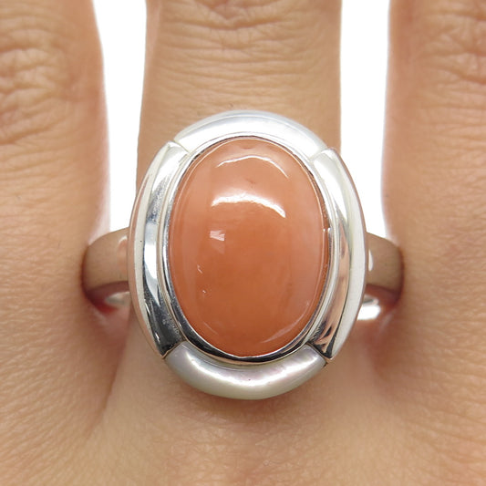 925 Sterling Silver Real Mother-of-Pearl & Peach Jade Gemstone Ring Size 11