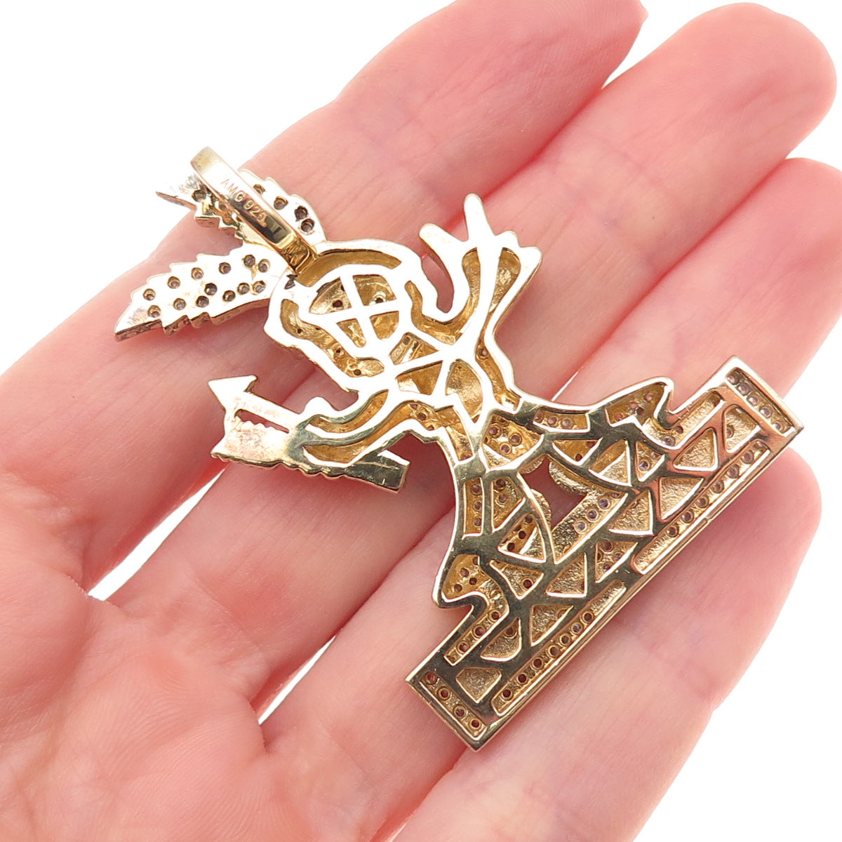 925 Sterling Silver Gold Plated Round-Cut C Z Broken Arrow Culture Slide Pendant