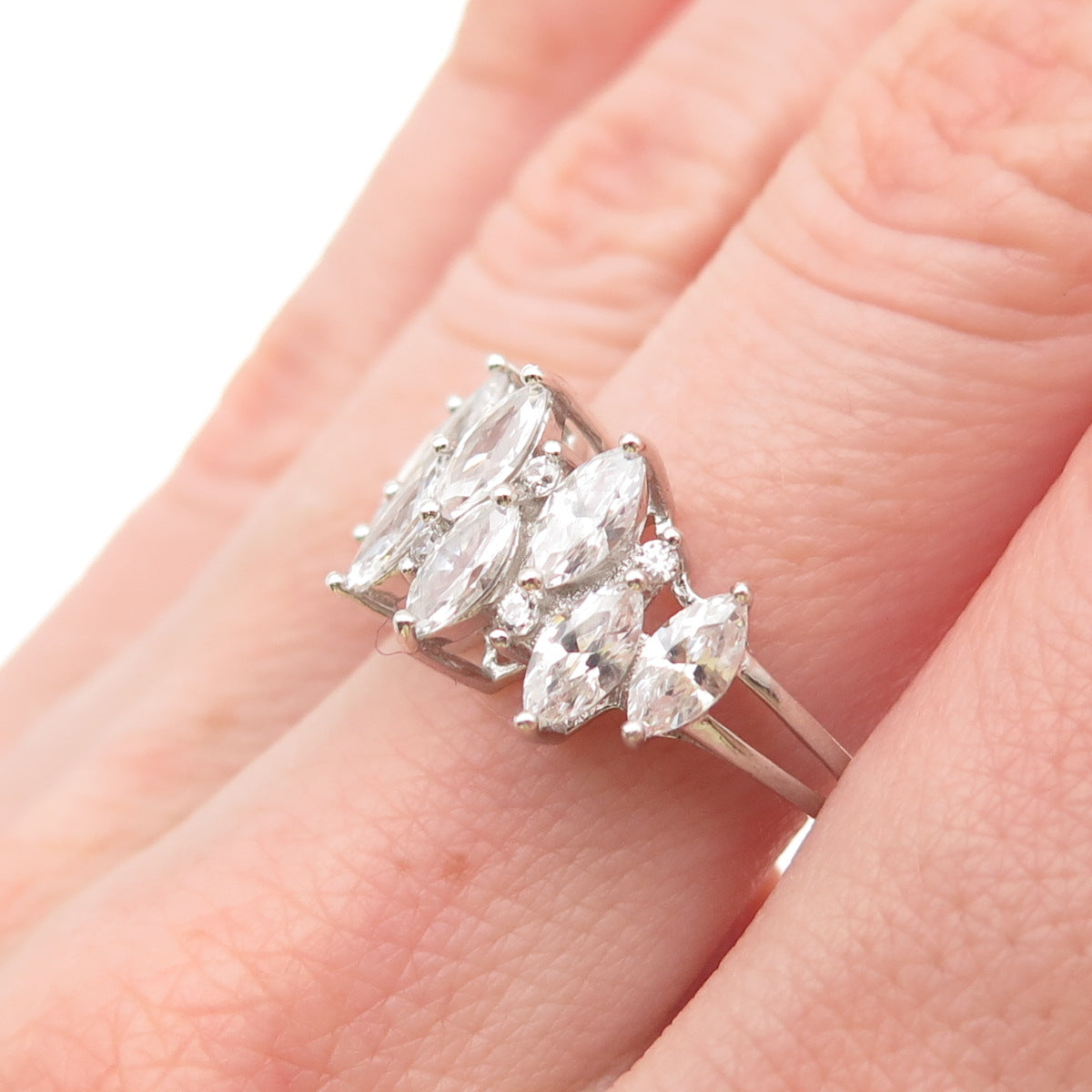 925 Sterling Silver Marquise & Round-Cut C Z Ring Size 8