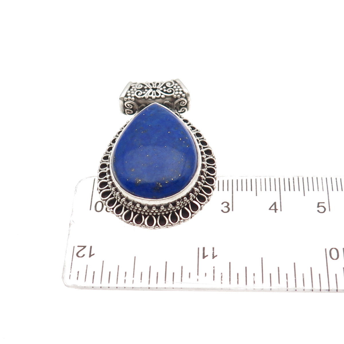 925 Sterling Silver Vintage Real Lapis Swirl Teardrop Oxidized Slide Pendant