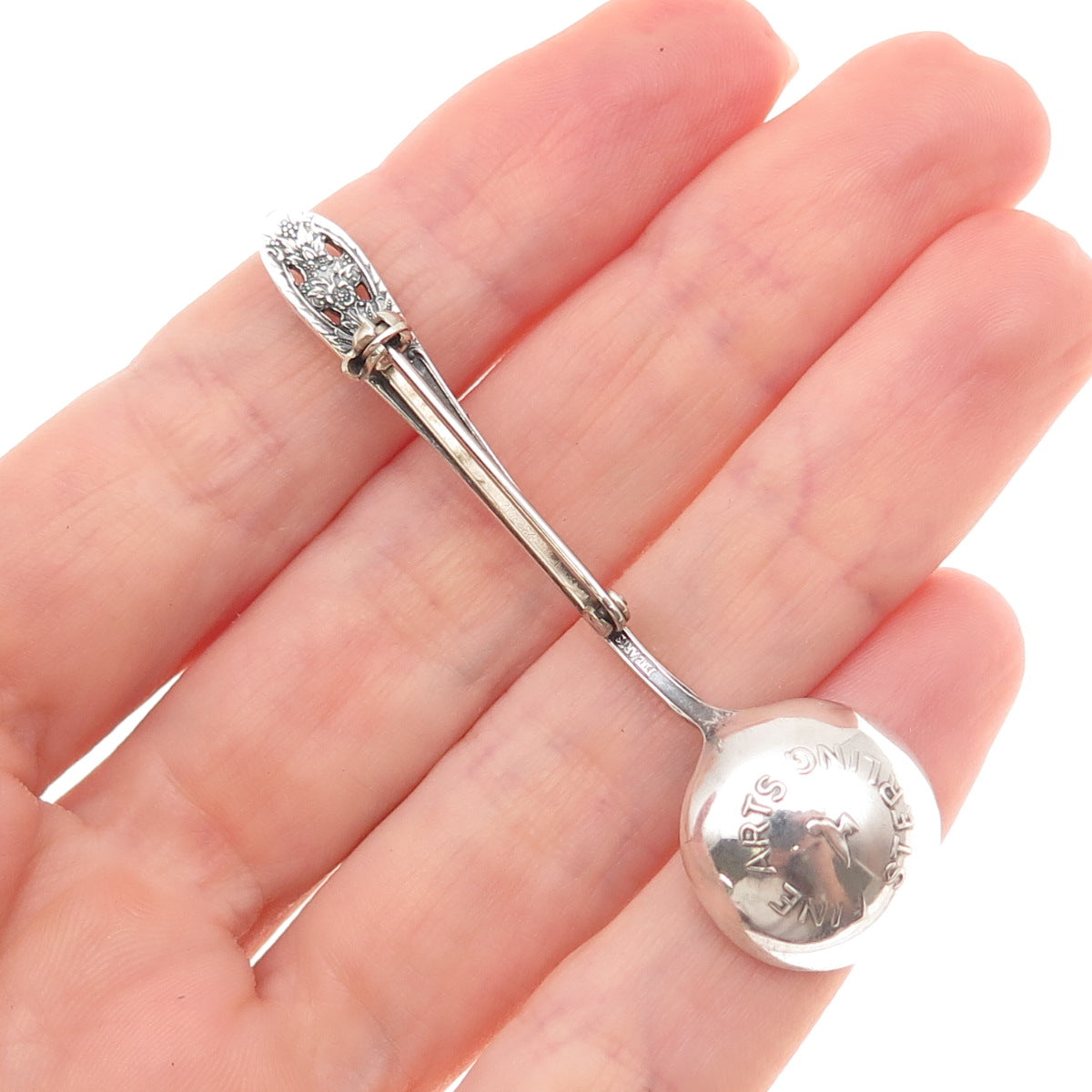 Fine Arts 925 Sterling Silver Antique Art Deco Salt & Spices Spoon Pin Brooch