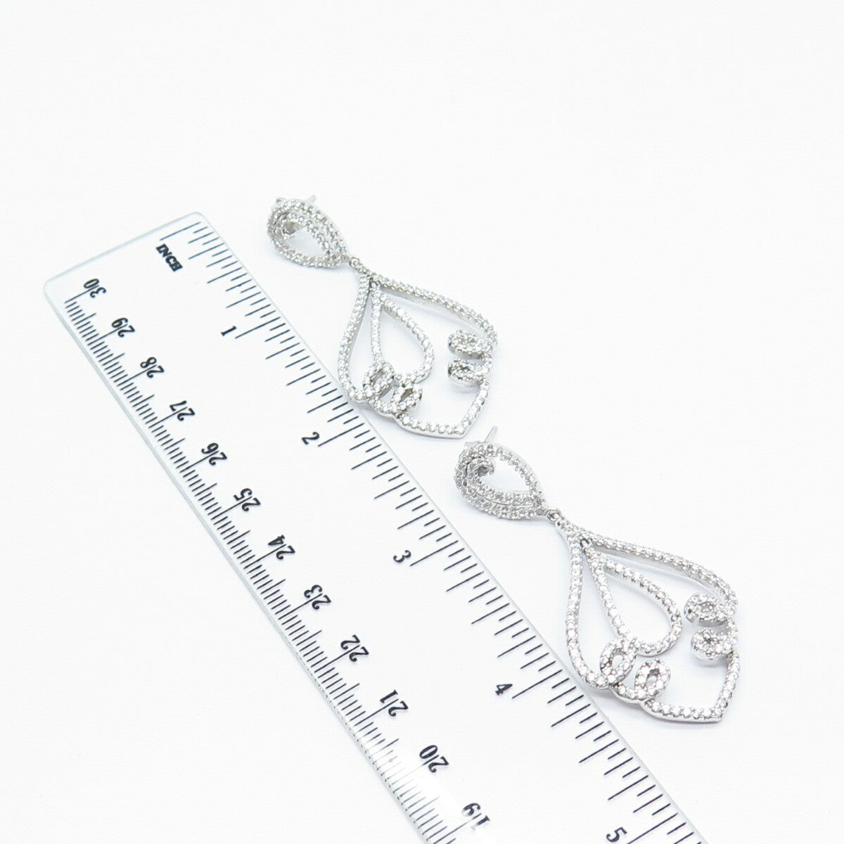 925 Sterling Silver C Z Ornate Teardrop Dangling Earrings