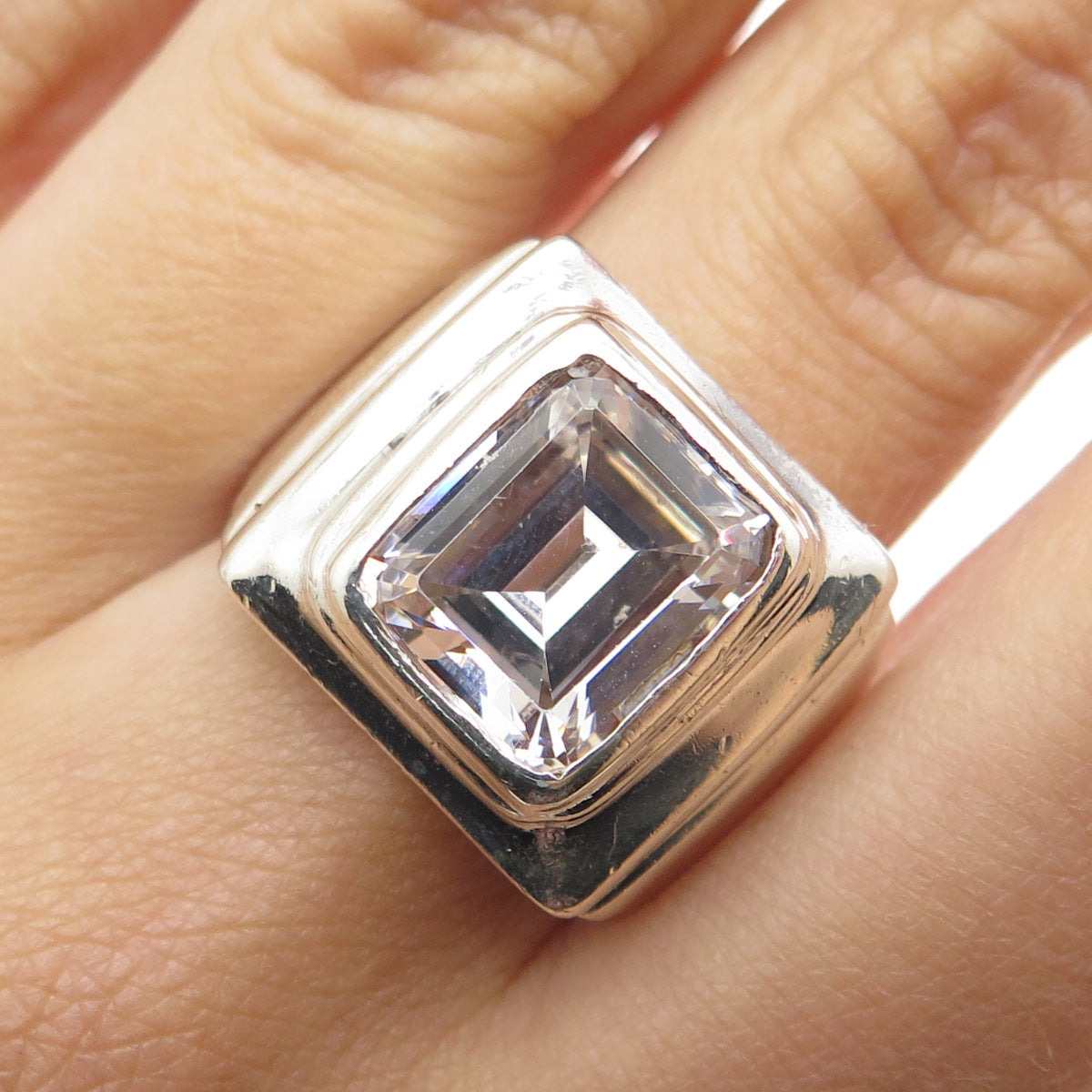 925 Sterling Silver Vintage Emerald-Cut C Z Modernist Ring Size 10