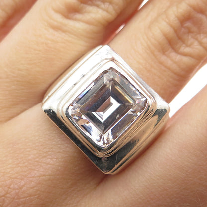925 Sterling Silver Vintage Emerald-Cut C Z Modernist Ring Size 10