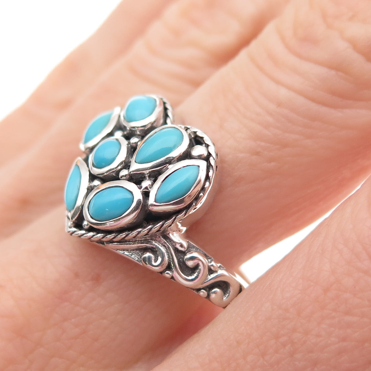 Samuel Benham 925 Sterling Silver Vintage Real Turquoise Heart Ring Size 10.25