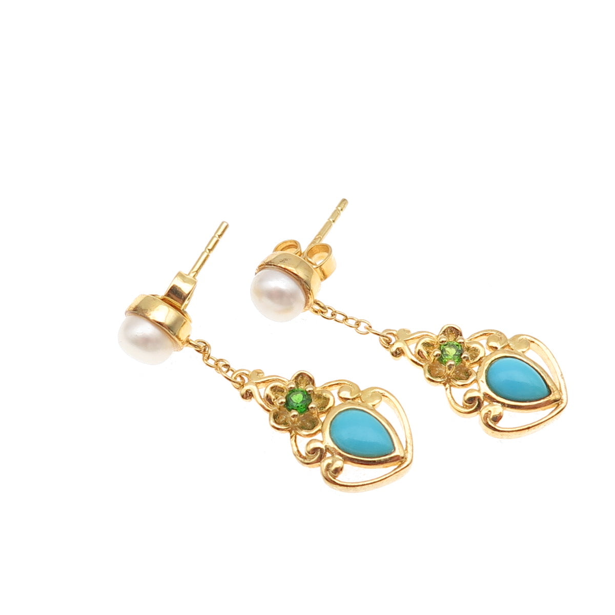 925 Sterling Gold Plated Real Turquoise Pearl & Peridot Floral Dangle Earrings