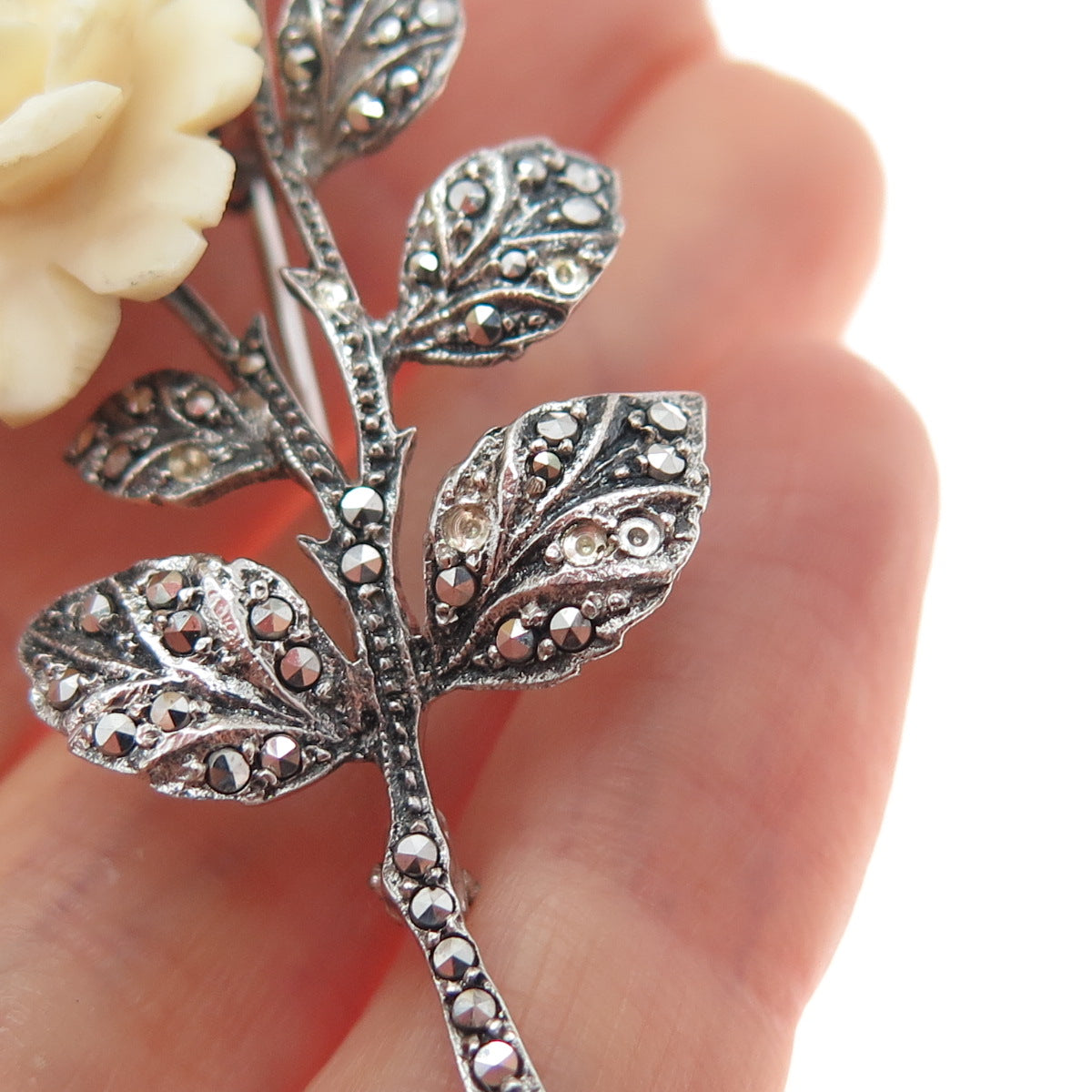 925 Sterling Antique Germany Real Marcasite Rose Pin Brooch (missing 5 stones)