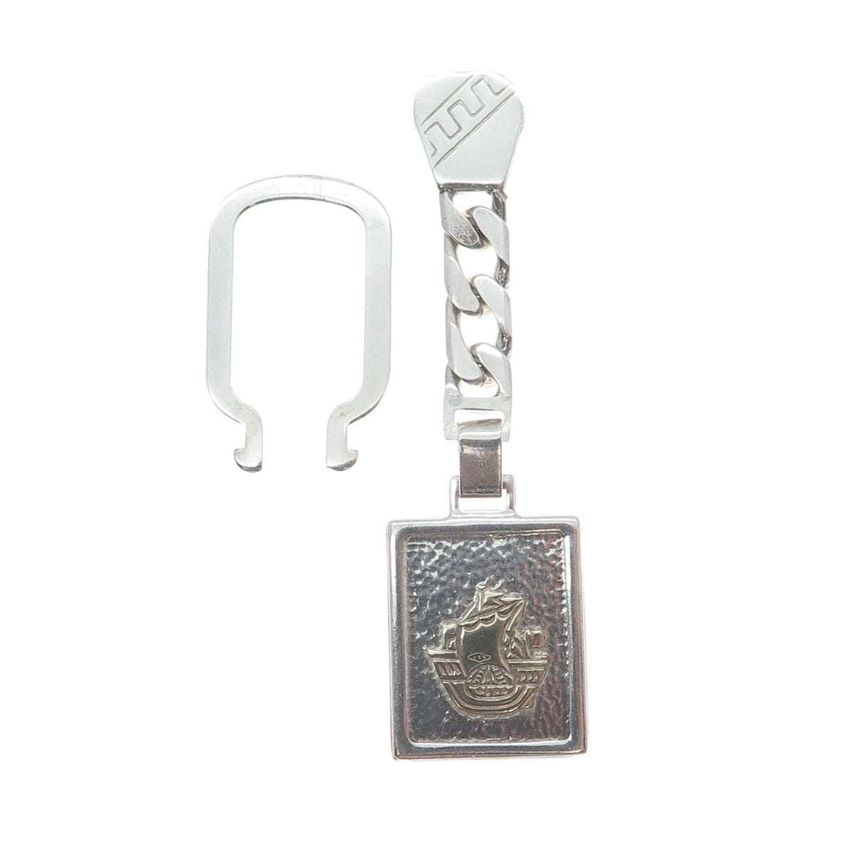 18K Yellow Gold 925 Sterling Silver Vintage Italy Sail Ship Key Fob Chain Holder