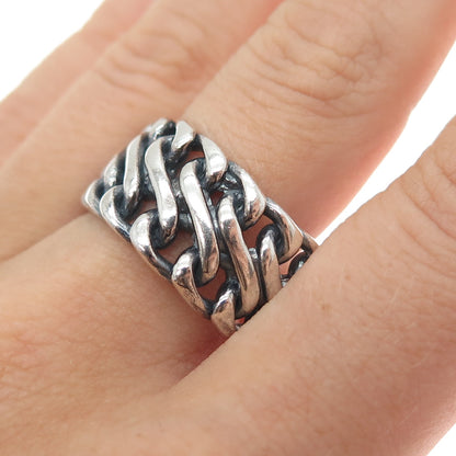 925 Sterling Silver Vintage Serpentine Link Oxidized Wide Band Ring Size 9.25